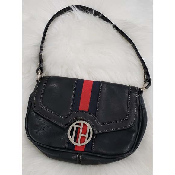 Vintage Tommy Hilfiger Black‎ Mini Shoulder Bag Purse Y2K Logo Stripe baguette - Picture 1 of 7